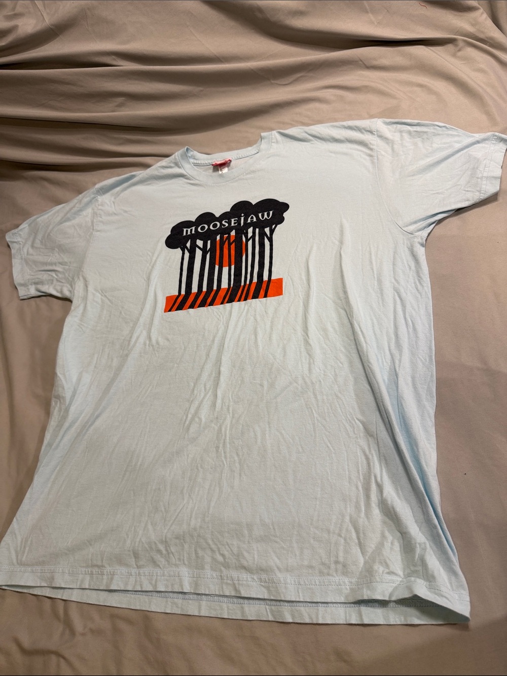 Moosejaw Light Blue Short Sleeve Tee with Black and Orange 100% cotton picks